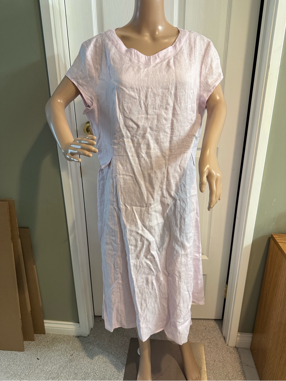 Lintico Pink Linen V-Neck Cap Sleeve Fit and Flare Midi Dress Womens XL - Picture 2 of 15
